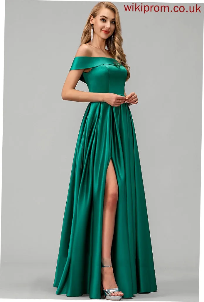 Front Pockets Esmeralda Satin Prom Dresses Floor-Length With Ball-Gown/Princess Split Off-the-Shoulder