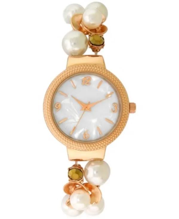 Inc Womens Rose Gold-Tone Crystal and Imitation Pearl Stretch Watch 32mm