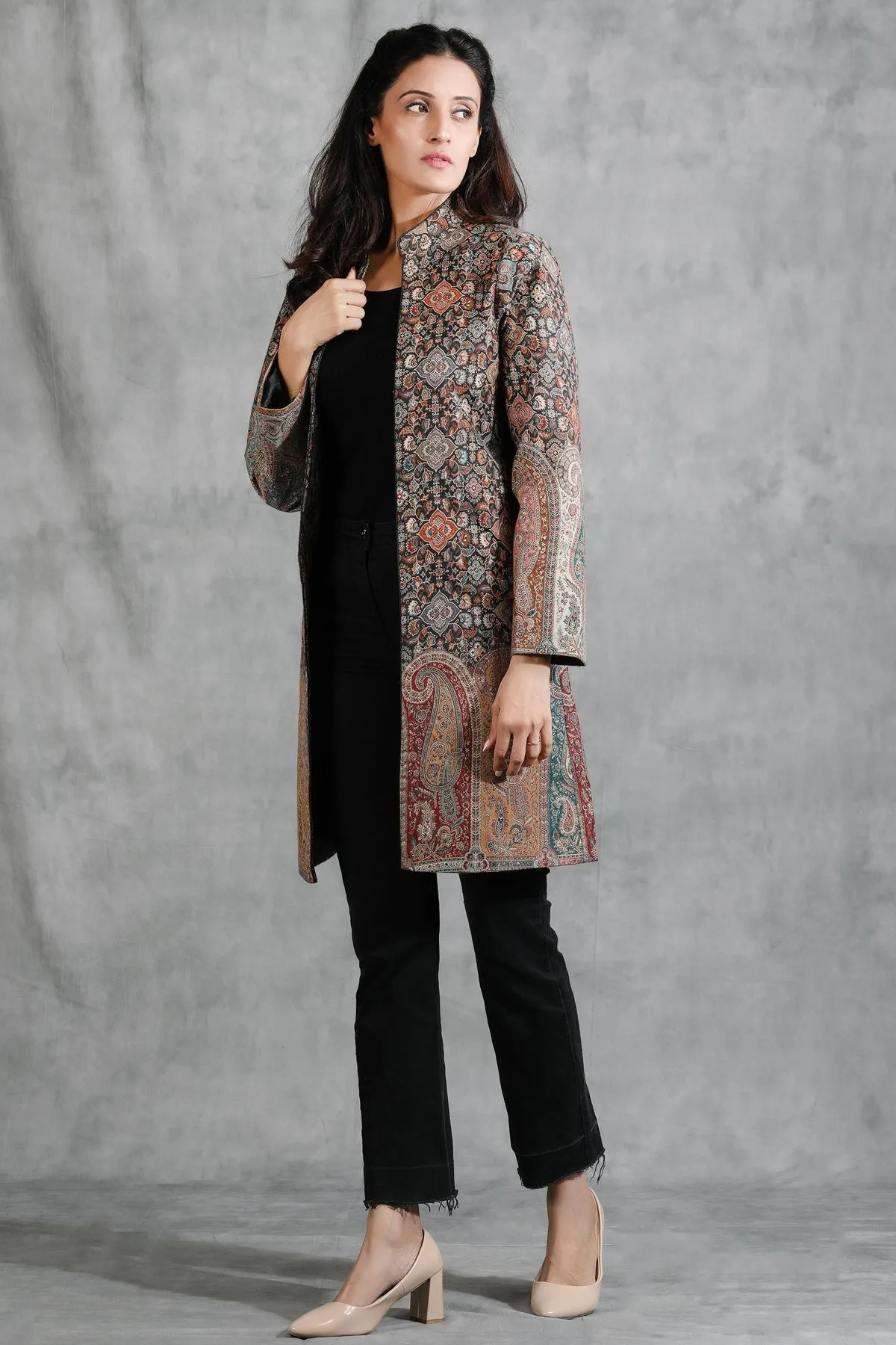 Jamawar Design Kashmiri Coat in Black | Made To Order