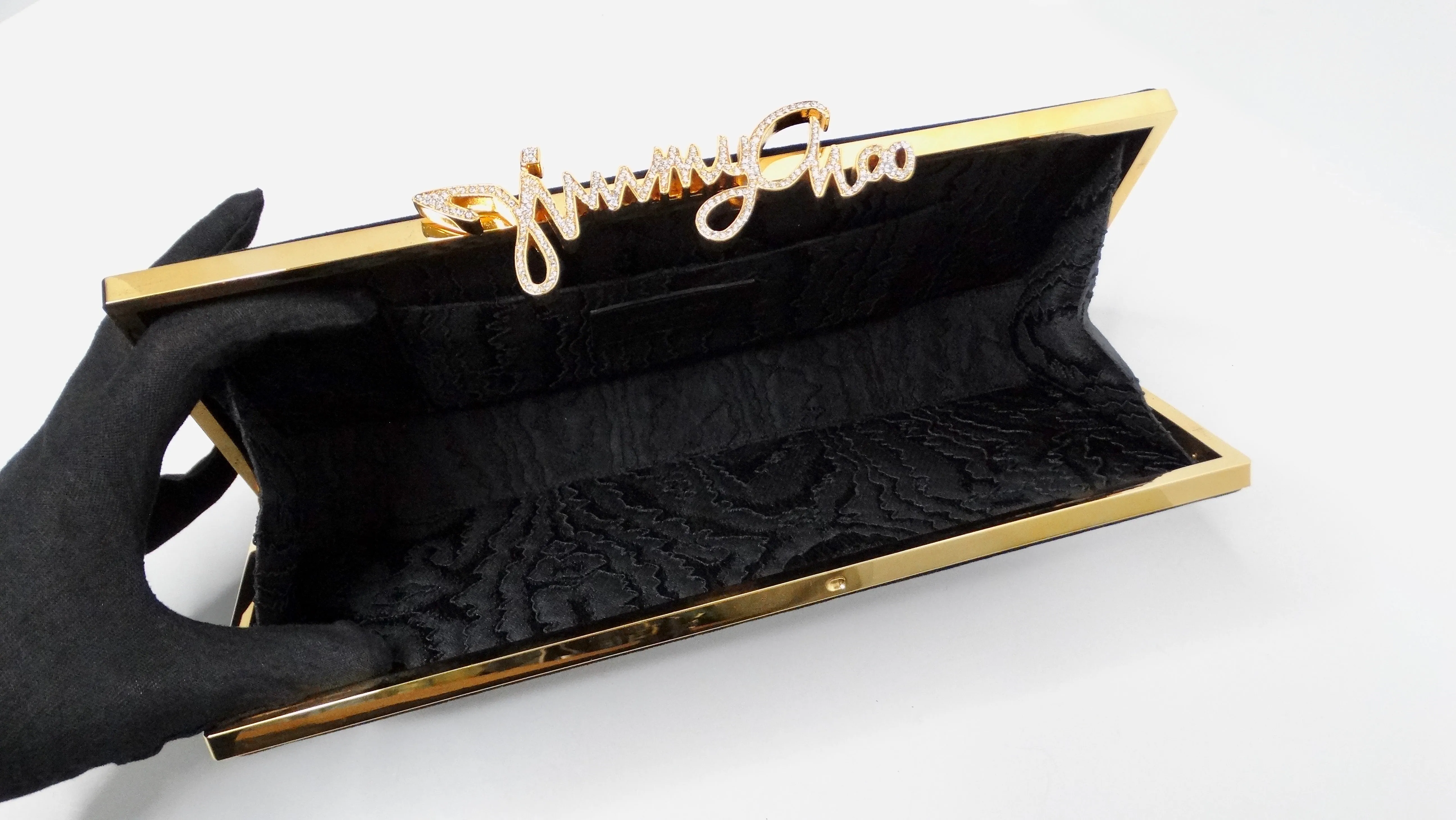 Jimmy Choo Black Suede Celeste Crystal Logo Clutch