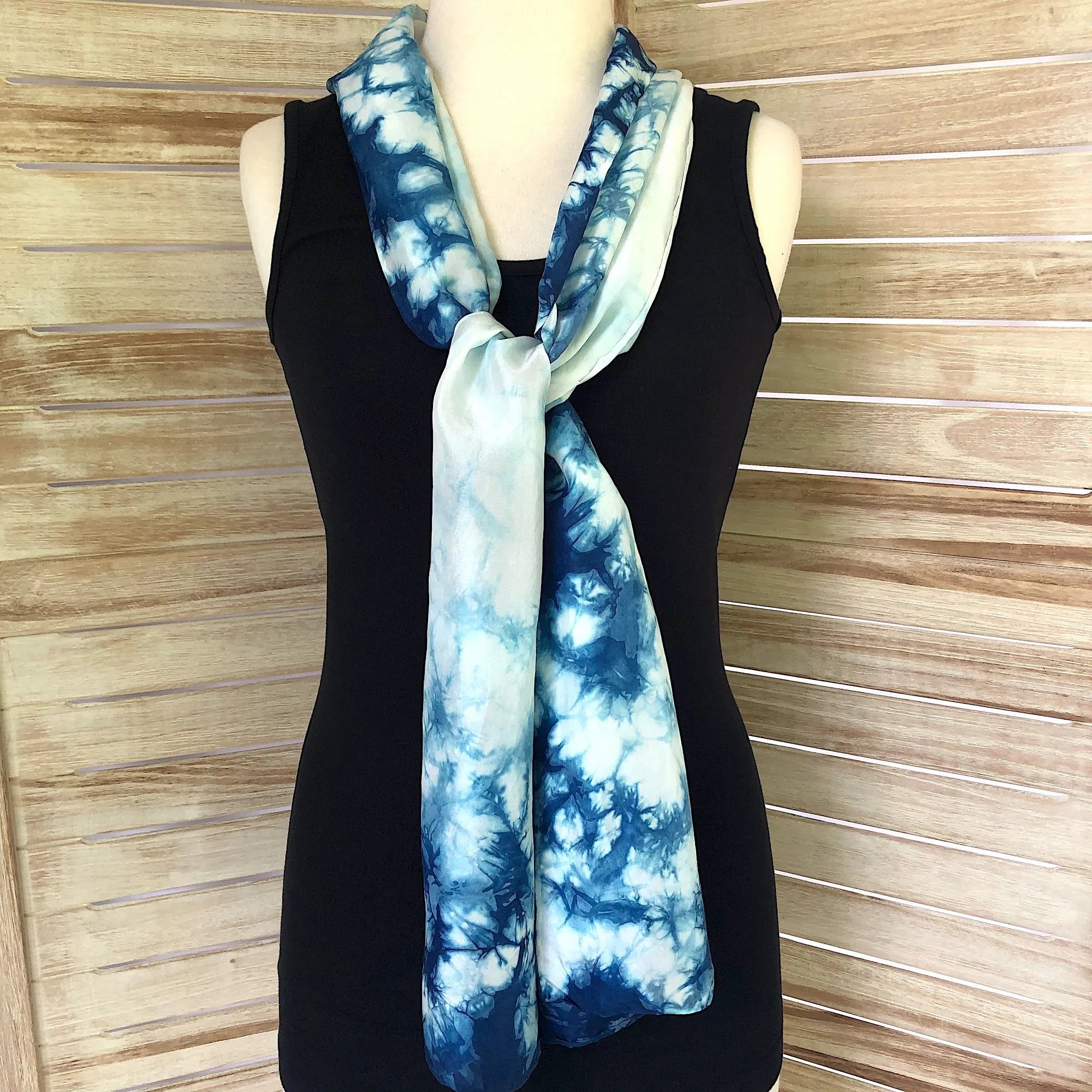 Long Silk Indigo Shibori Scarf - Cloud Design