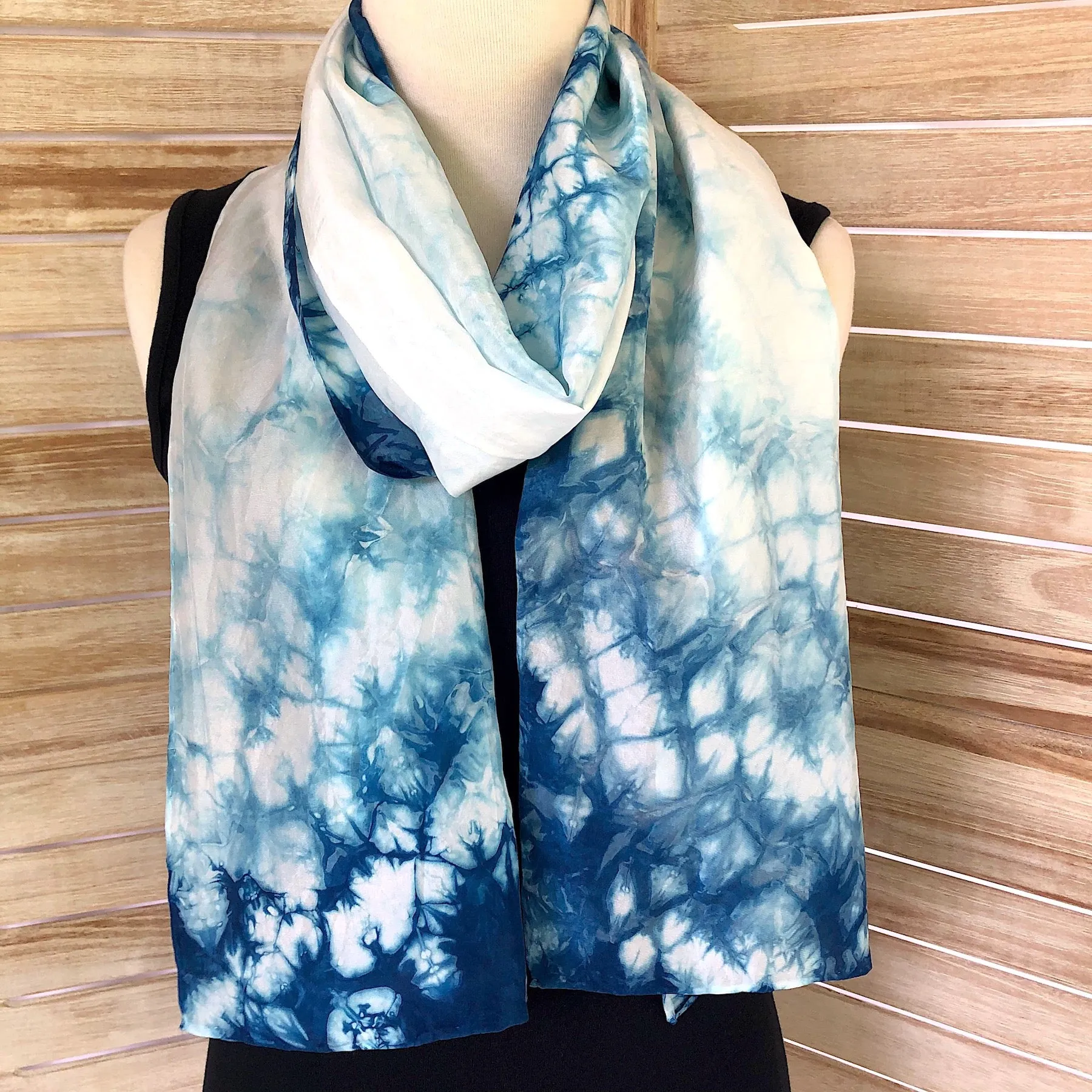 Long Silk Indigo Shibori Scarf - Cloud Design