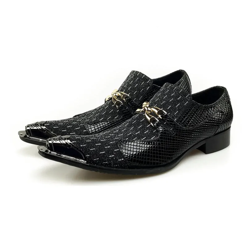 Luxury Pointed Toe Metal and Snake Pattern Patchwork Men Dress Shoes