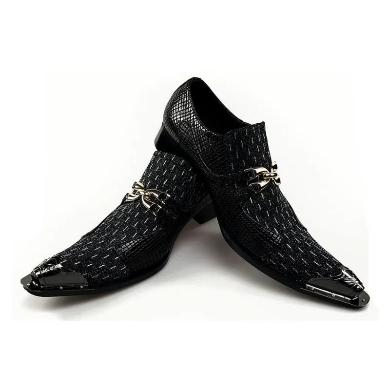 Luxury Pointed Toe Metal and Snake Pattern Patchwork Men Dress Shoes