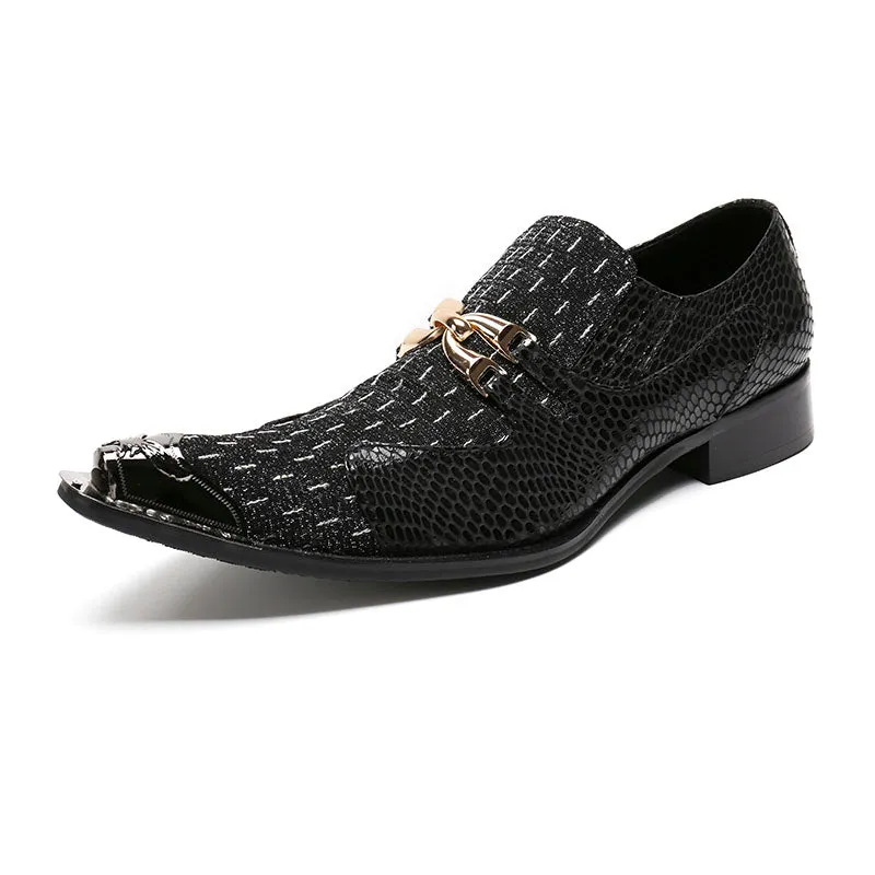 Luxury Pointed Toe Metal and Snake Pattern Patchwork Men Dress Shoes