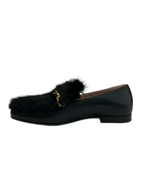 Max Mara Women's Nero Ombrosa Leather Fur Logo Plaque Loafers NWB