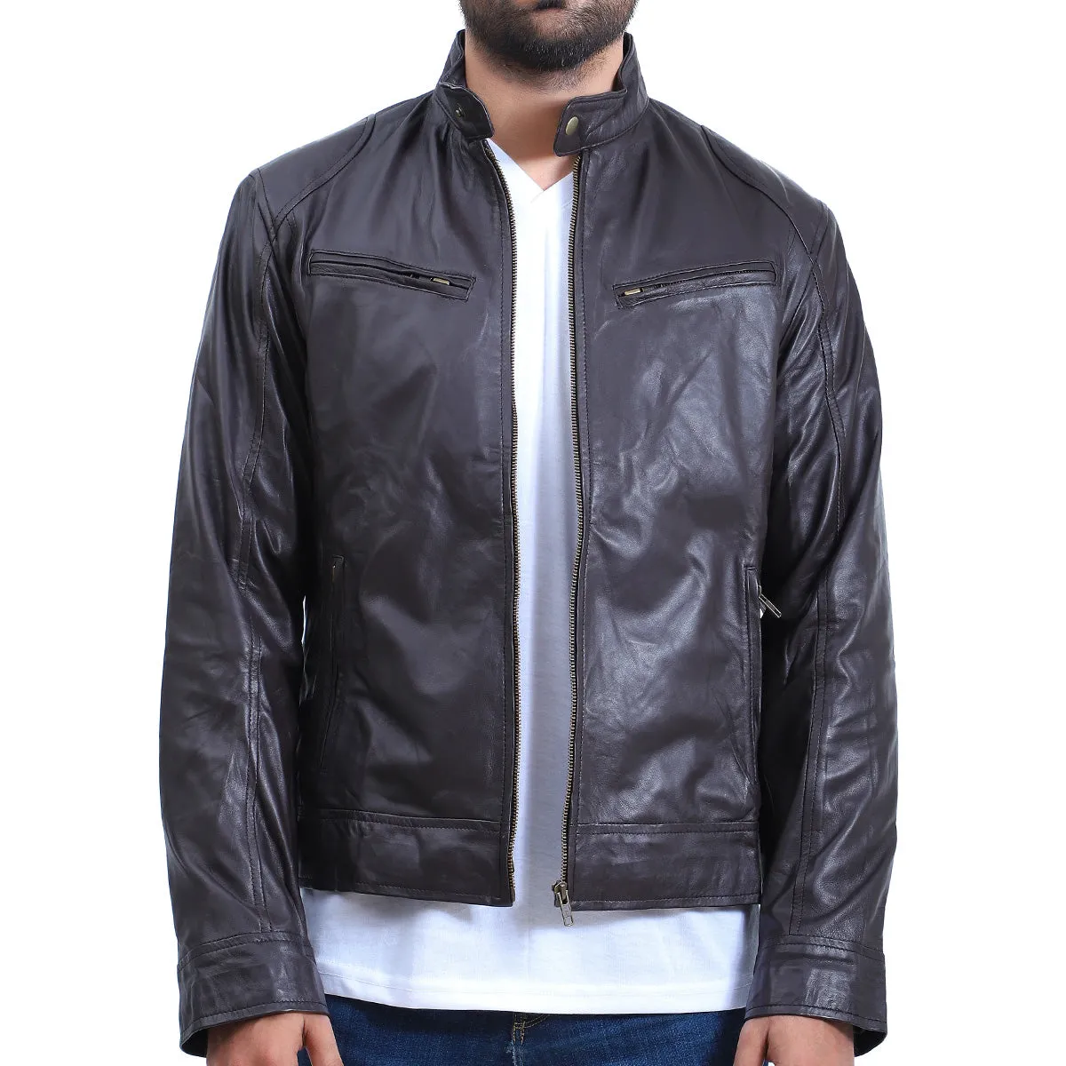 Men's Cafe Racer Biker Sheepskin Leather Jacket