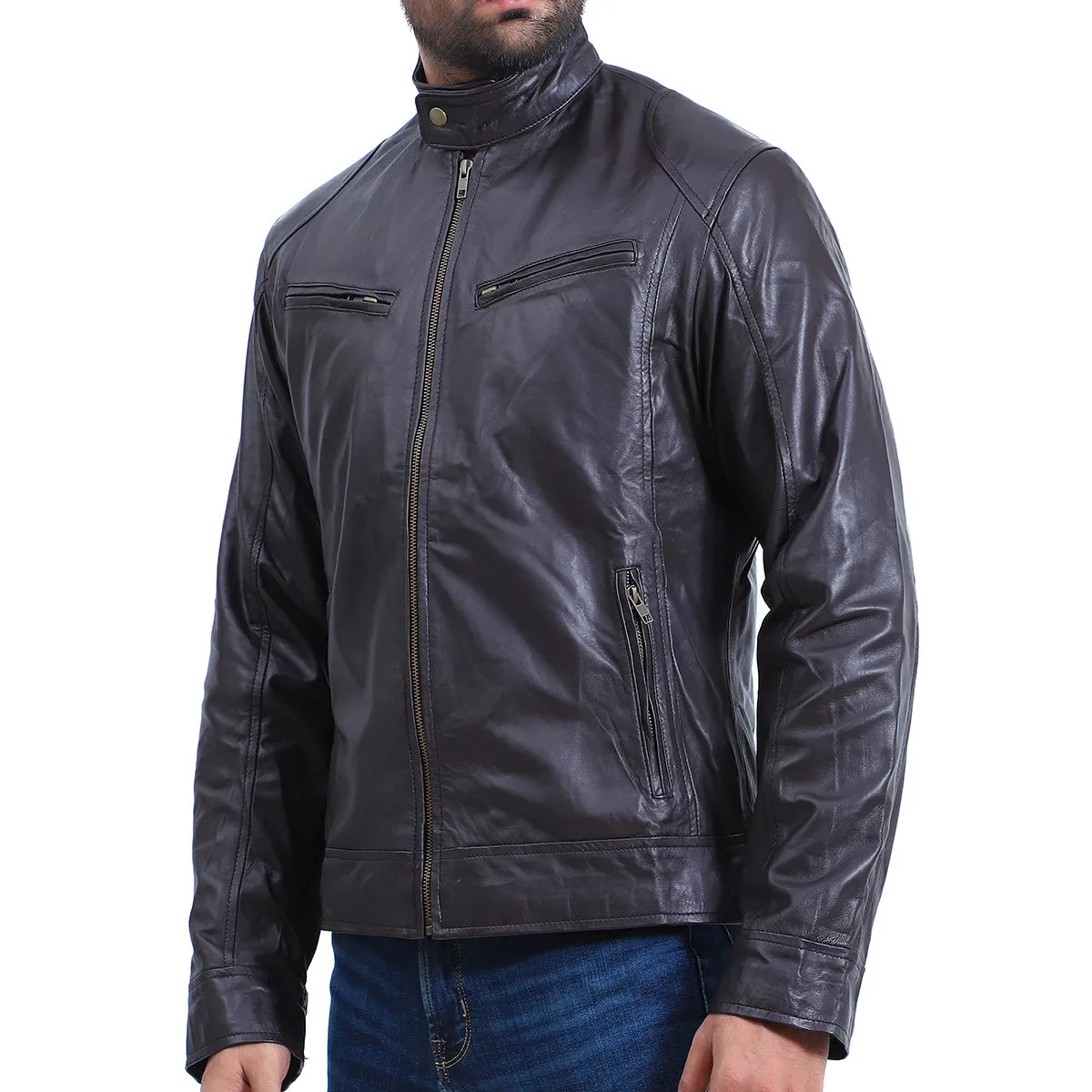 Men's Cafe Racer Biker Sheepskin Leather Jacket