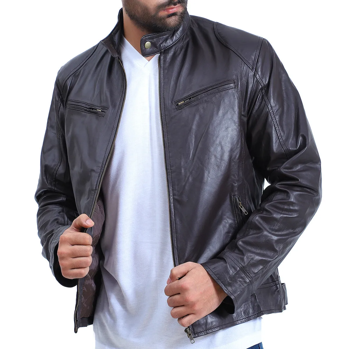 Men's Cafe Racer Biker Sheepskin Leather Jacket