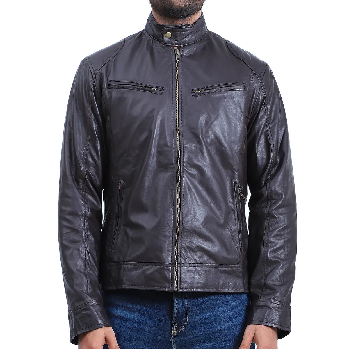 Men's Cafe Racer Biker Sheepskin Leather Jacket