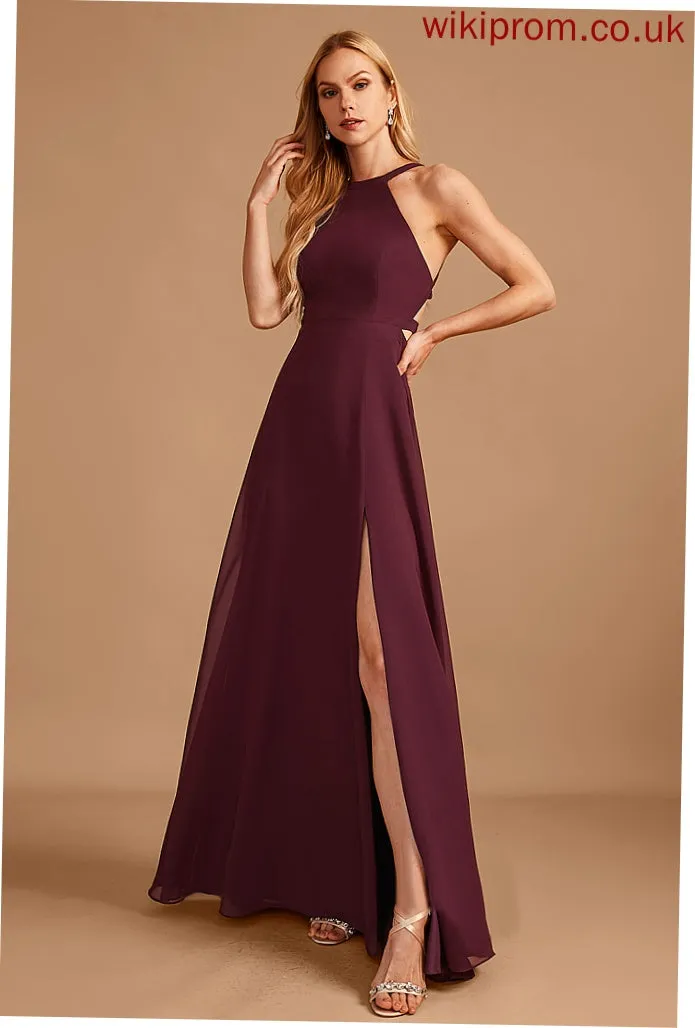 Neckline Fabric Floor-Length Embellishment Length Silhouette SplitFront A-Line HighNeck Genevieve A-Line/Princess Sleeveless Bridesmaid Dresses