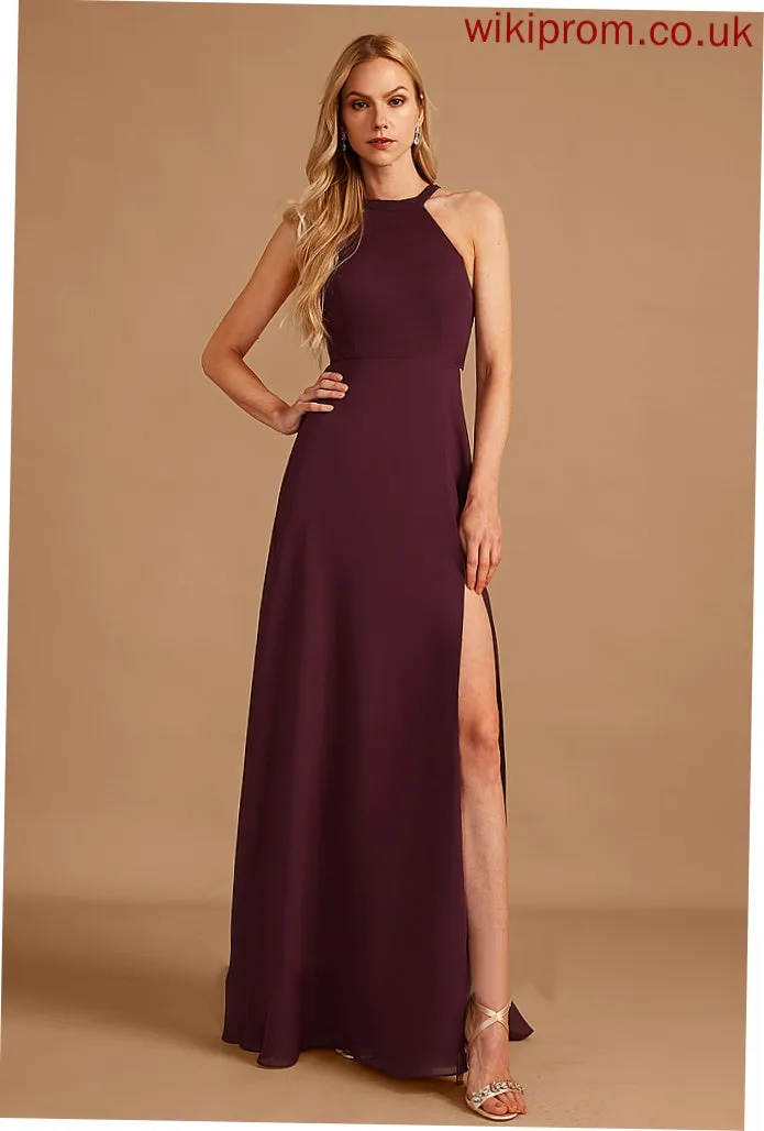 Neckline Fabric Floor-Length Embellishment Length Silhouette SplitFront A-Line HighNeck Genevieve A-Line/Princess Sleeveless Bridesmaid Dresses