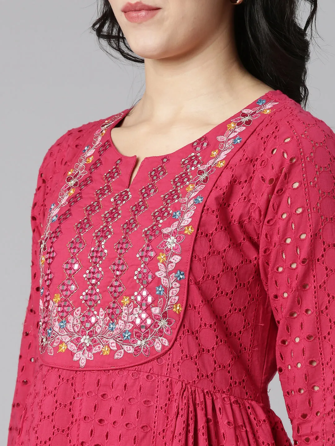 Neeru's Pink Pleated Straight Embroidered Kurta And Trousers With Dupatta