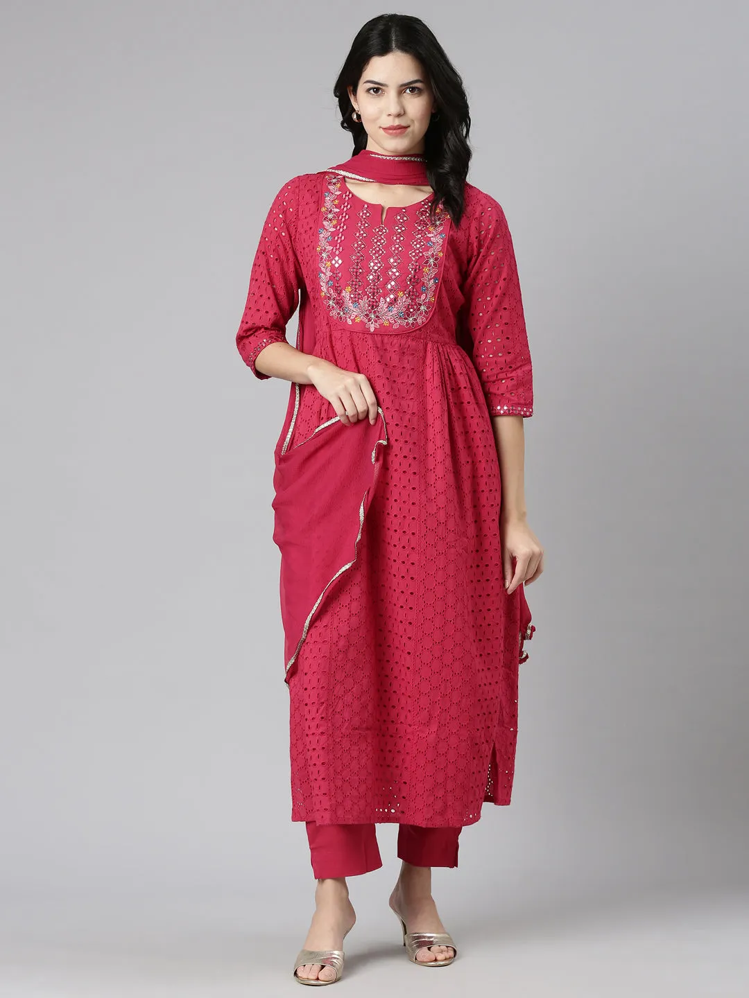 Neeru's Pink Pleated Straight Embroidered Kurta And Trousers With Dupatta