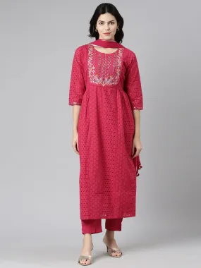 Neeru's Pink Pleated Straight Embroidered Kurta And Trousers With Dupatta