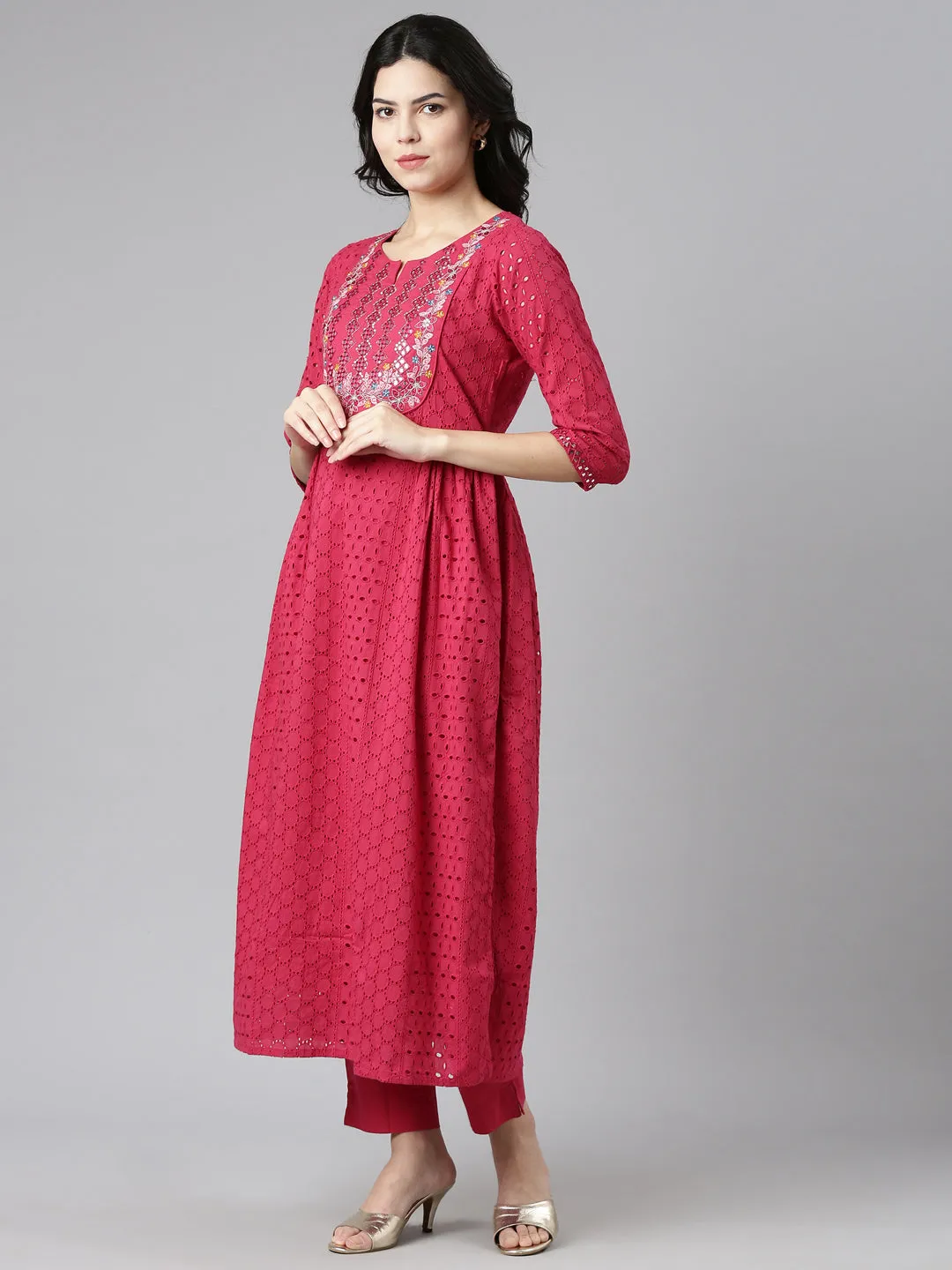 Neeru's Pink Pleated Straight Embroidered Kurta And Trousers With Dupatta