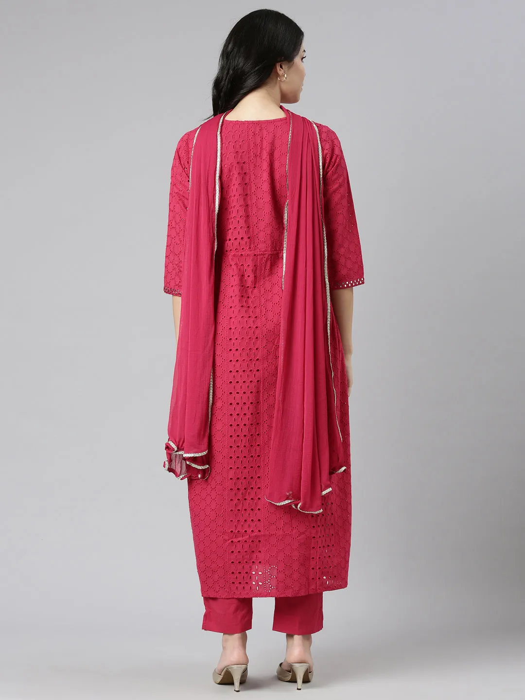 Neeru's Pink Pleated Straight Embroidered Kurta And Trousers With Dupatta