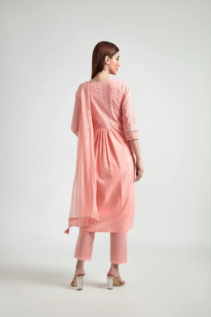 Neeru's Women Peach-Coloured Embroidered Pleated Gotta Patti Pure Cotton Kurta With Trousers With Dupatta