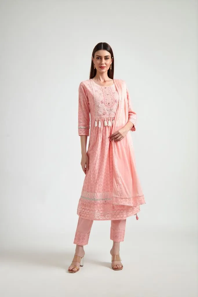 Neeru's Women Peach-Coloured Embroidered Pleated Gotta Patti Pure Cotton Kurta With Trousers With Dupatta