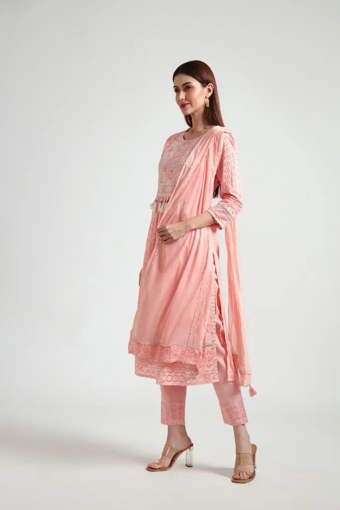 Neeru's Women Peach-Coloured Embroidered Pleated Gotta Patti Pure Cotton Kurta With Trousers With Dupatta