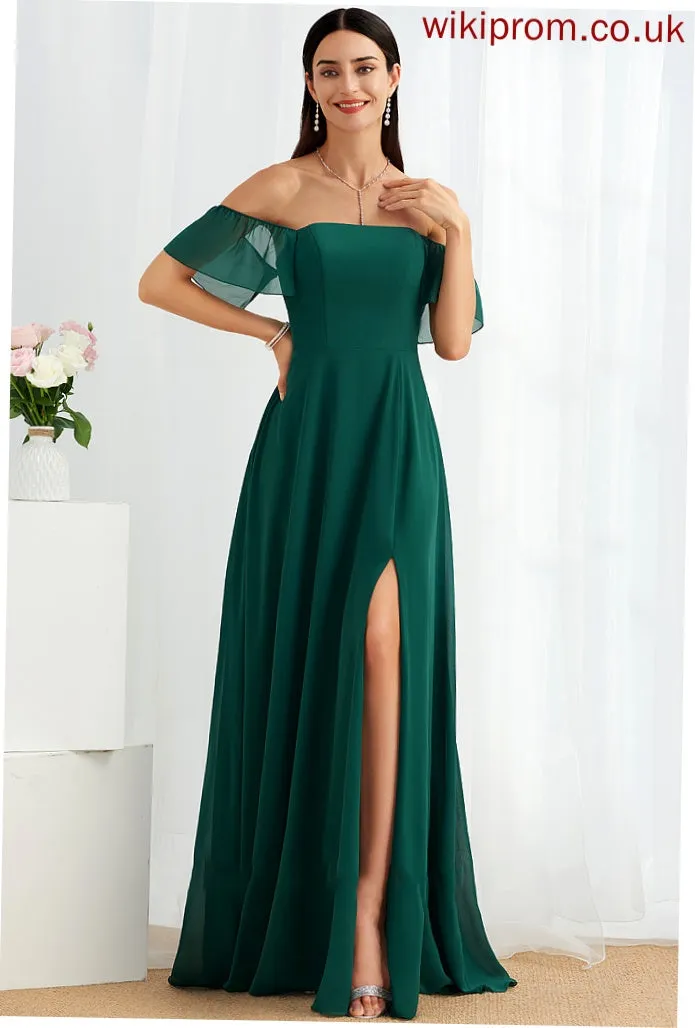 Off-the-Shoulder Silhouette SplitFront Fabric Neckline Floor-Length Length Embellishment A-Line Novia Sleeveless A-Line/Princess Bridesmaid Dresses