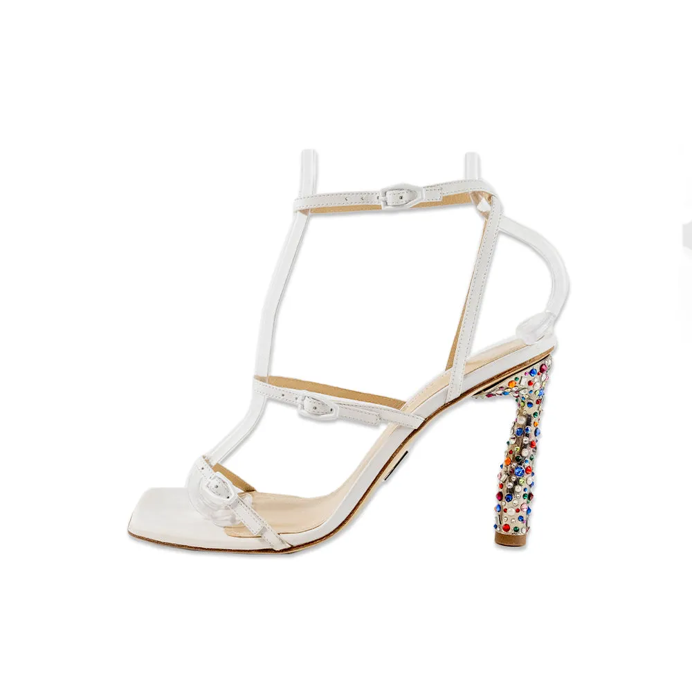 Paul Andrew White Leather Jewel Encrusted Heels