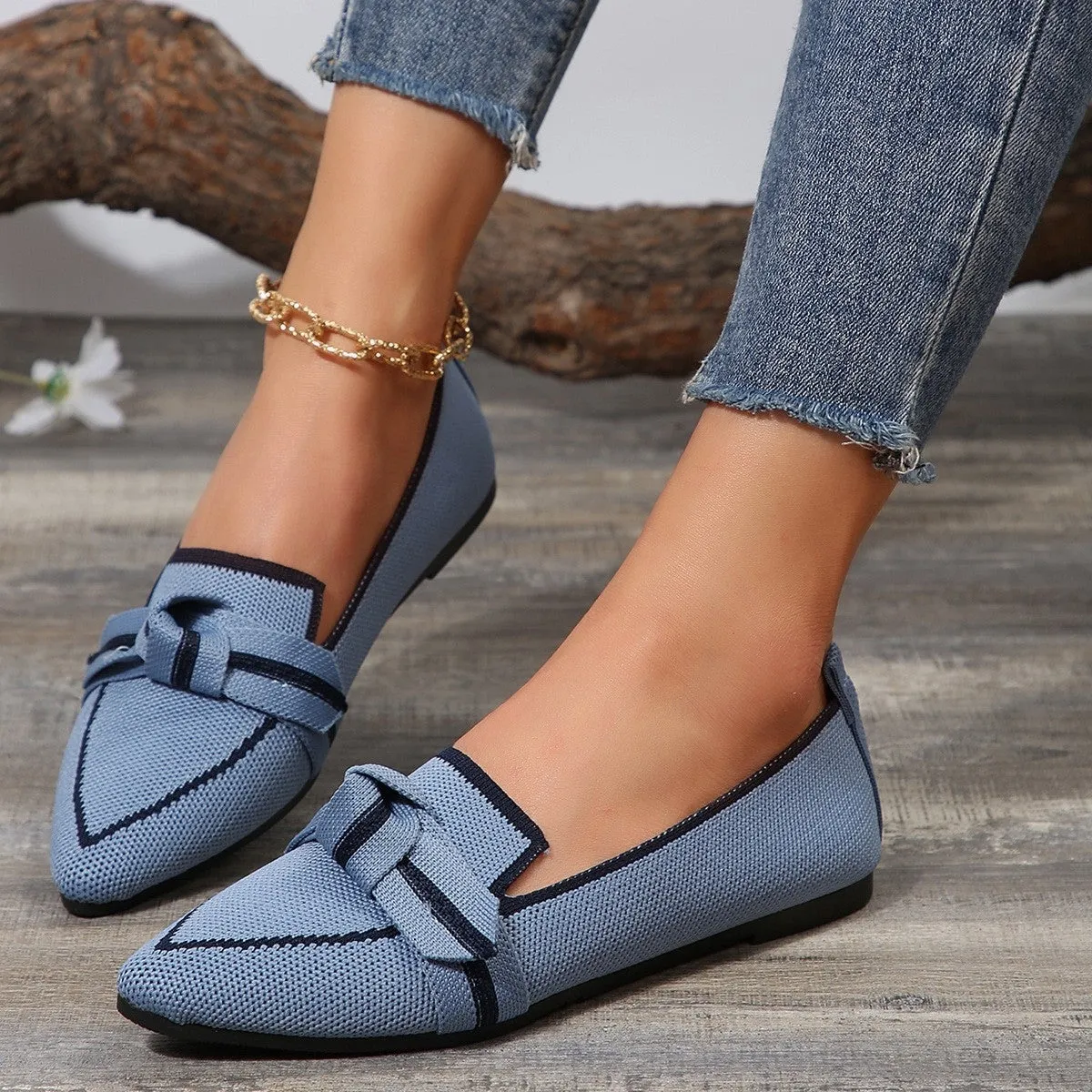 Pointed Knot Bow Top Ballet Flat Casual Loafer Contrast Color Slip-on Shoes