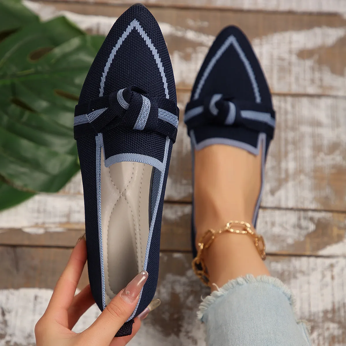 Pointed Knot Bow Top Ballet Flat Casual Loafer Contrast Color Slip-on Shoes