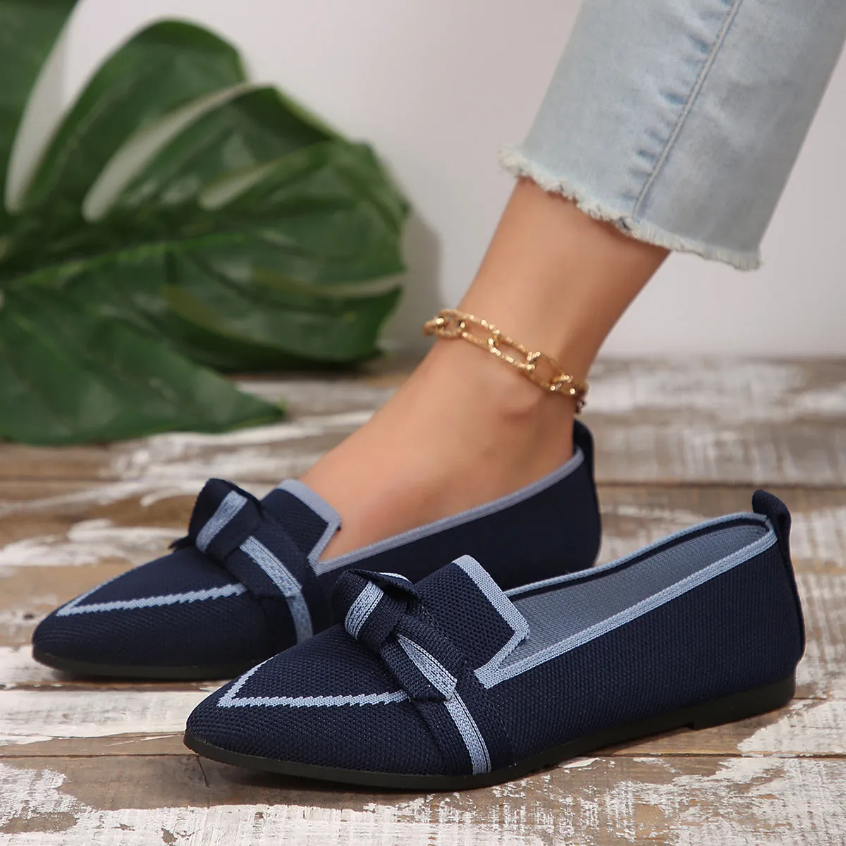 Pointed Knot Bow Top Ballet Flat Casual Loafer Contrast Color Slip-on Shoes