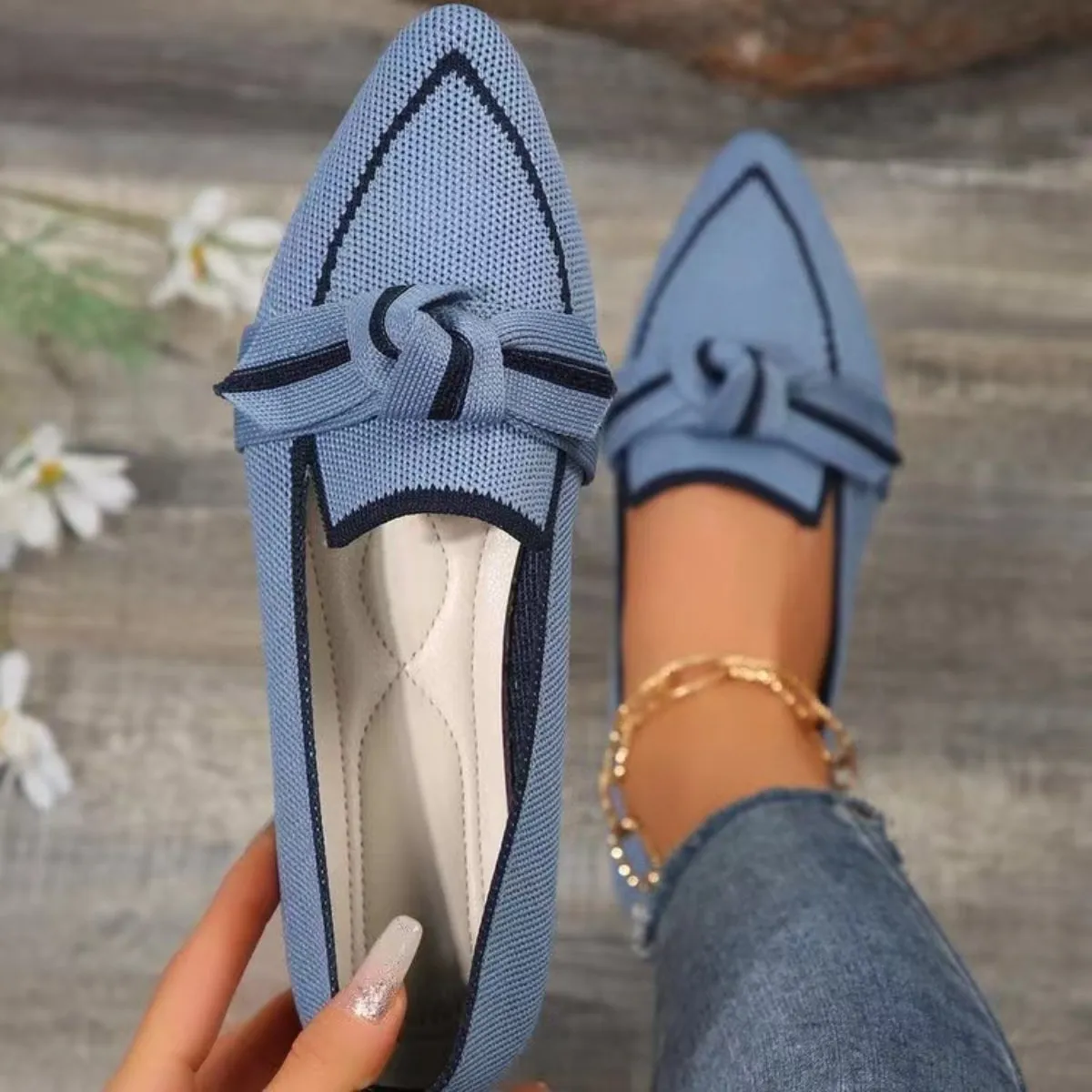 Pointed Knot Bow Top Ballet Flat Casual Loafer Contrast Color Slip-on Shoes