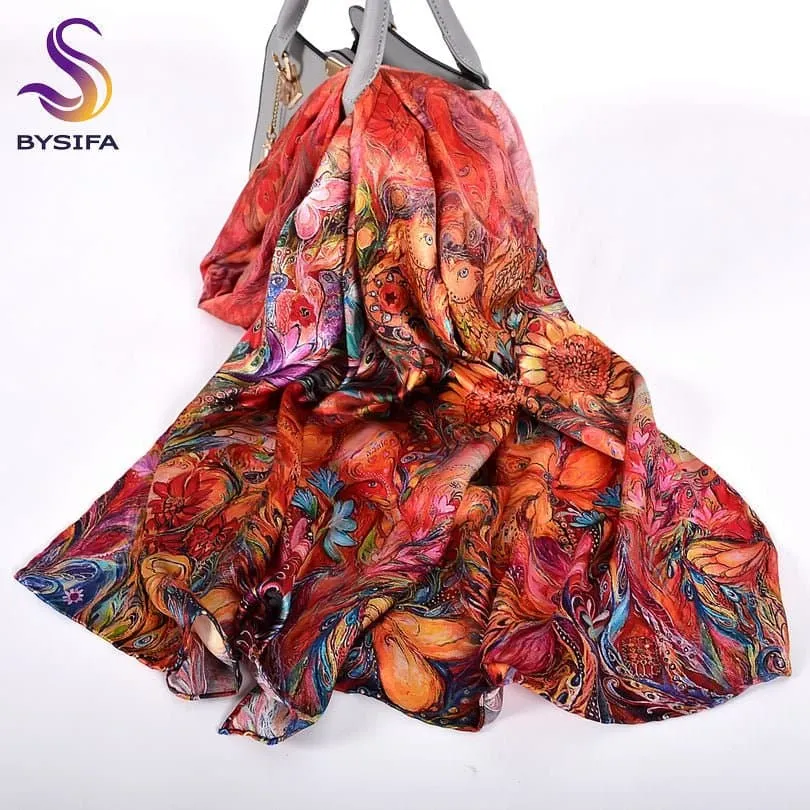 Pure Mulberry Silk Scarf - Luxuriously Soft Silk Scarf with Phoenix Flower Design | BYSIFA