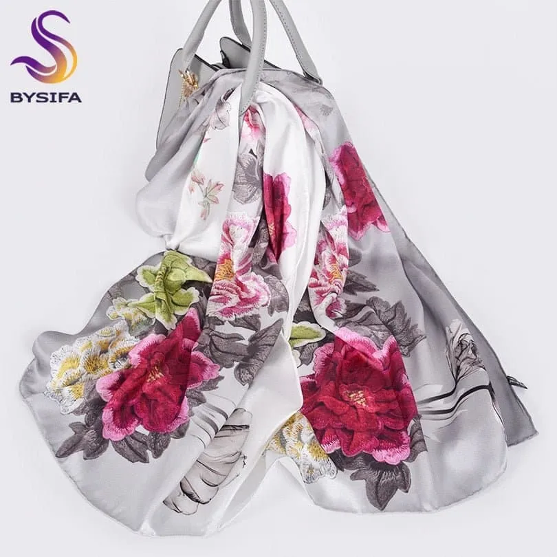 Pure Mulberry Silk Scarf - Luxuriously Soft Silk Scarf with Phoenix Flower Design | BYSIFA