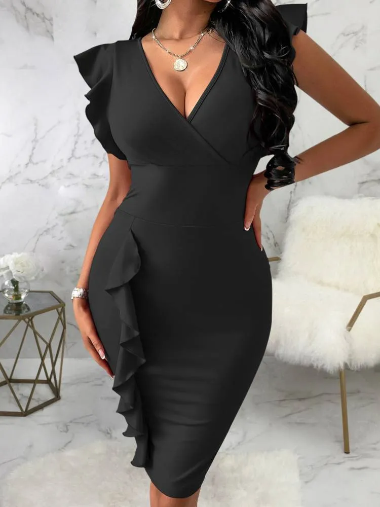 Ruffle Sleeve Bodycon Midi Dresses