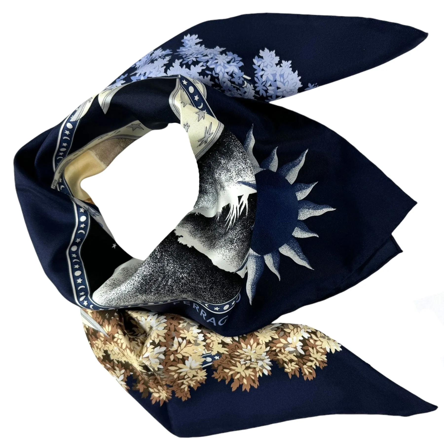 Salvatore Ferragamo Scarf Midnight Day & Night Design - Twill Silk Foulard - 2024 Collection