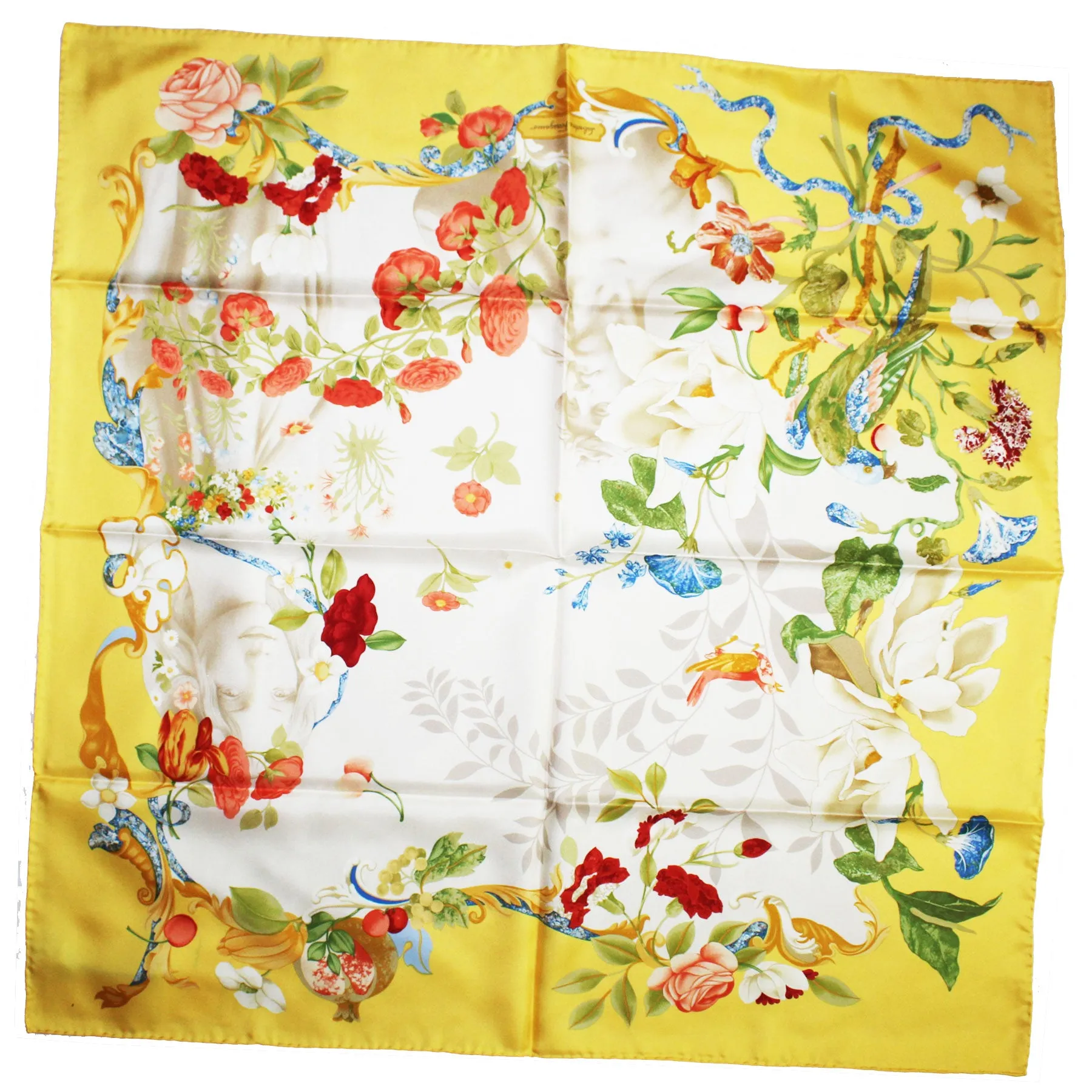 Salvatore Ferragamo Silk Scarf Yellow Bird & Floral - Twill Silk Square Foulard