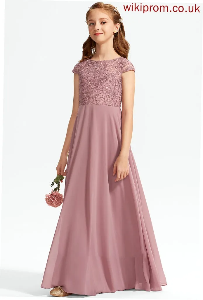 Scoop Macey Junior Bridesmaid Dresses Chiffon Lace Floor-Length Neck A-Line