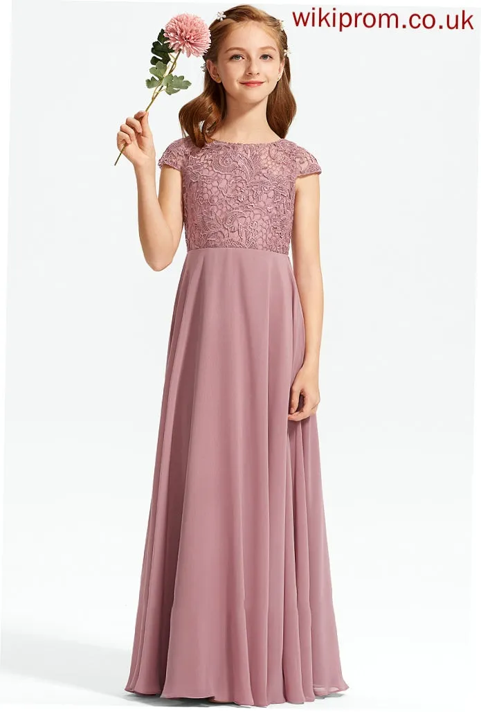 Scoop Macey Junior Bridesmaid Dresses Chiffon Lace Floor-Length Neck A-Line