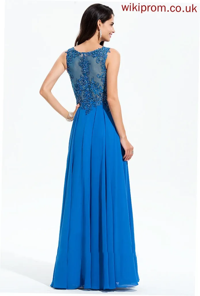 Sequins Beading A-Line Prom Dresses Scoop With Floor-Length Chiffon Joan Neck Lace