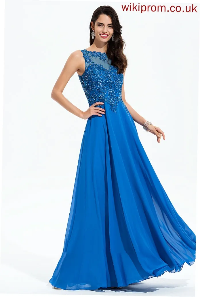 Sequins Beading A-Line Prom Dresses Scoop With Floor-Length Chiffon Joan Neck Lace