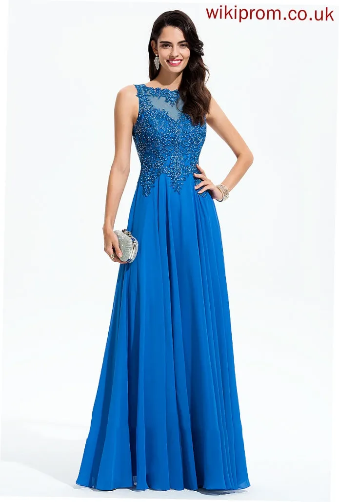 Sequins Beading A-Line Prom Dresses Scoop With Floor-Length Chiffon Joan Neck Lace