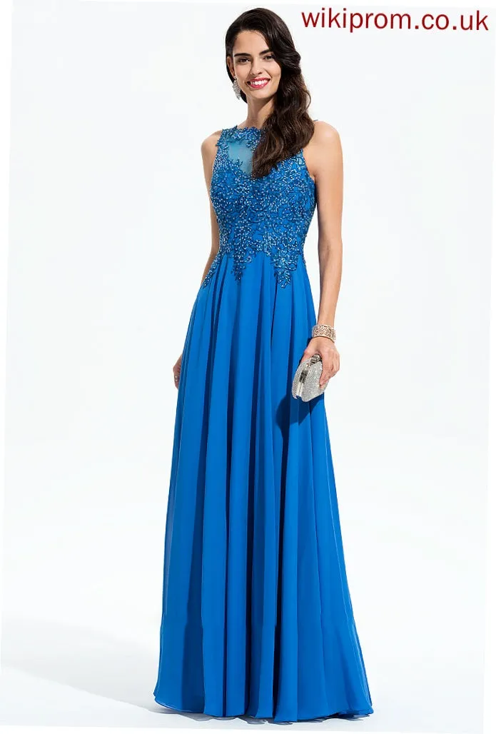 Sequins Beading A-Line Prom Dresses Scoop With Floor-Length Chiffon Joan Neck Lace