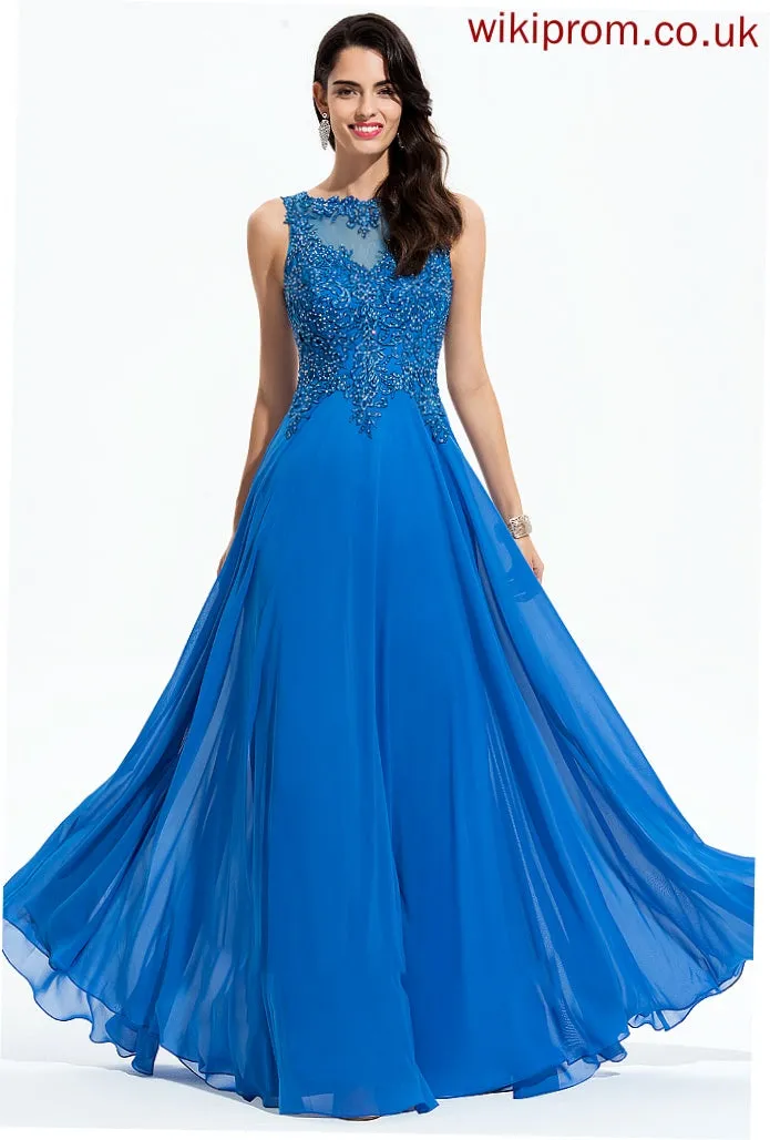 Sequins Beading A-Line Prom Dresses Scoop With Floor-Length Chiffon Joan Neck Lace