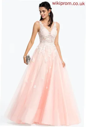 Sequins Tulle Prom Dresses Floor-Length Samara Beading Ball-Gown/Princess Lace V-neck With