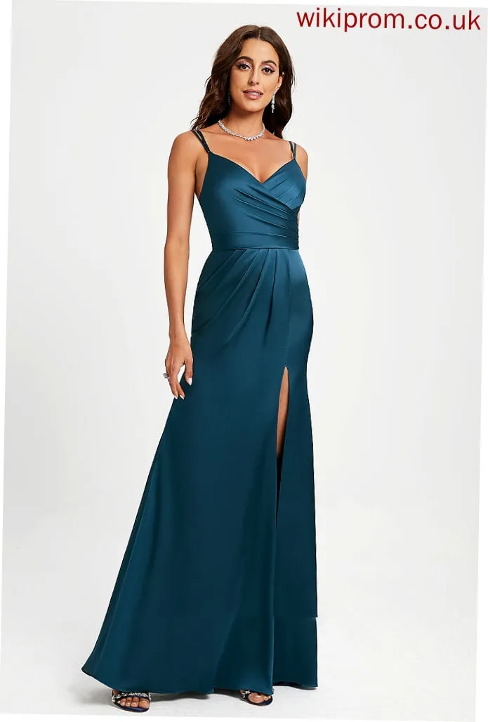 Sheath/Column V-neck Floor-Length Pleated Rylee Prom Dresses Satin With