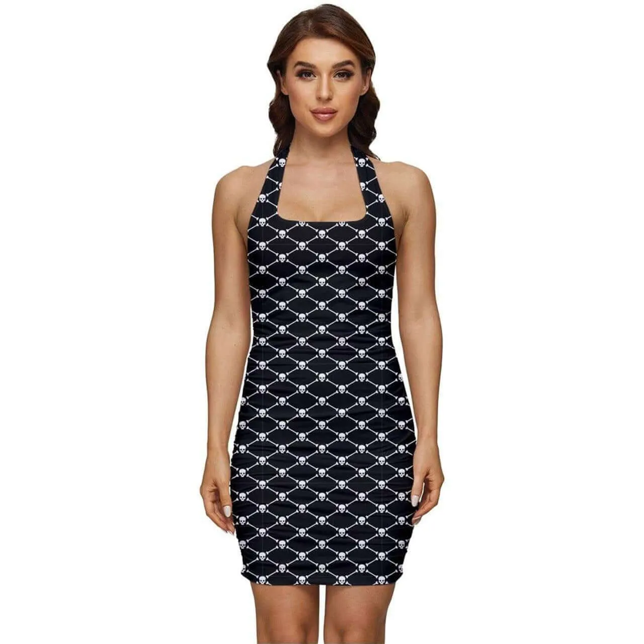 Skulls n Crossbones Ruched Halter Dress