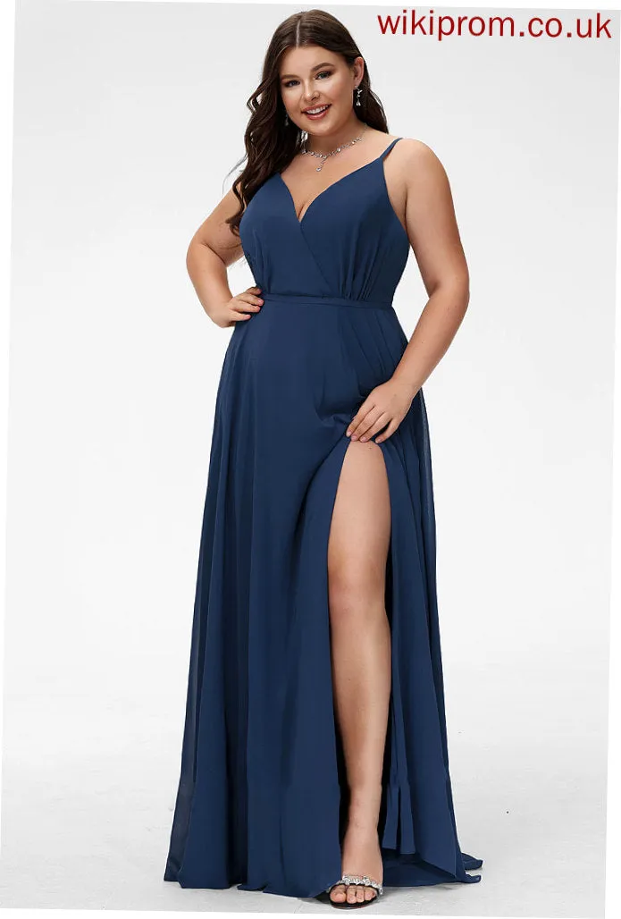 SplitFront Length Silhouette Floor-Length Fabric Neckline V-neck A-Line Embellishment Myah A-Line/Princess Sleeveless Bridesmaid Dresses