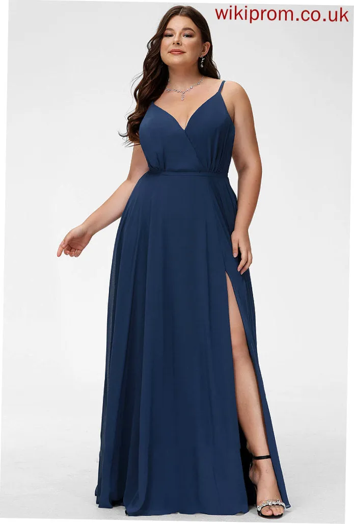 SplitFront Length Silhouette Floor-Length Fabric Neckline V-neck A-Line Embellishment Myah A-Line/Princess Sleeveless Bridesmaid Dresses