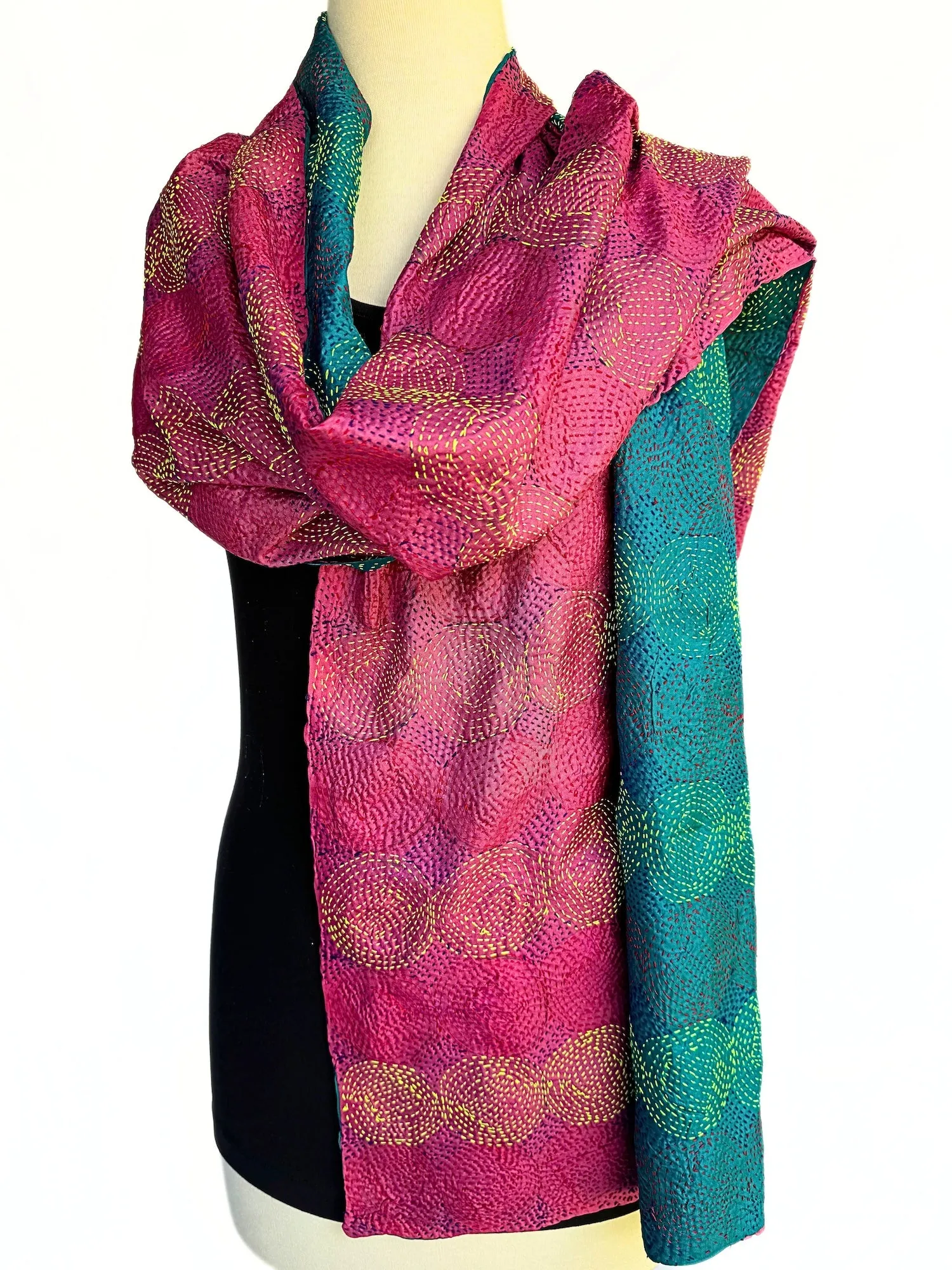 Upcycled silk sari kantha scarf