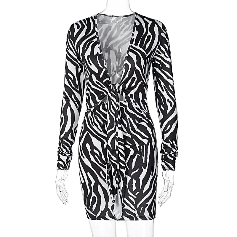 Zebra Print Long Sleeve V-Neck Bandage Sexy Mini Dress Streetwear Outfits Party Wear